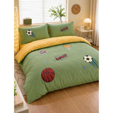 4 pcs Olive Sports Goal theme, Luxe Embroidered collection of Double Bed Comforter, flat bedsheet, 2 pillow covers Bedding Set for King Size Bed.