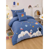 4 pcs Space theme, Luxe Embroidered collection of Single bed comforter, 1 flat bedsheet, 2 pillow covers entire Bedding Set for Single Size Bed.