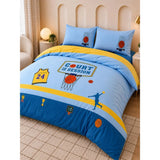 4 pcs Basket Ball Theme Luxe Embroidered collection of Double bed comforter, 1 flat bedsheet, 2 pillow covers entire Kids Bedding Set for King Size Bed.
