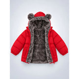 Red Bear-Ear Faux-Fur Hooded Quilted Winter Jacket for Kids