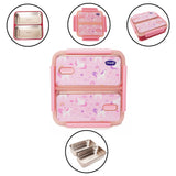 Youp Stainless Steel Pink Color Unicorn Theme Kids  Bento Lunch Box With 2 Compartments Pluto - 1100 ml