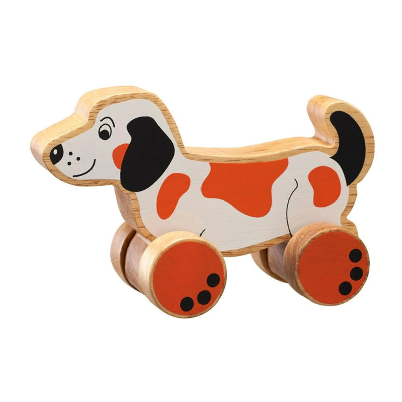 Multicolour Channapatna wooden pull along dog toy with attached string — handcrafted non-toxic pull toy for toddlers and beginner walkers aged 1 to 3 years, made in India