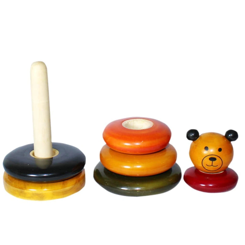 Handmade Channapatna wooden bear stacking toy for kids — multicolour ring stacker with 5 discs and bear head topper, BPA-free non-toxic natural wood, age 3 years and above, made in India
