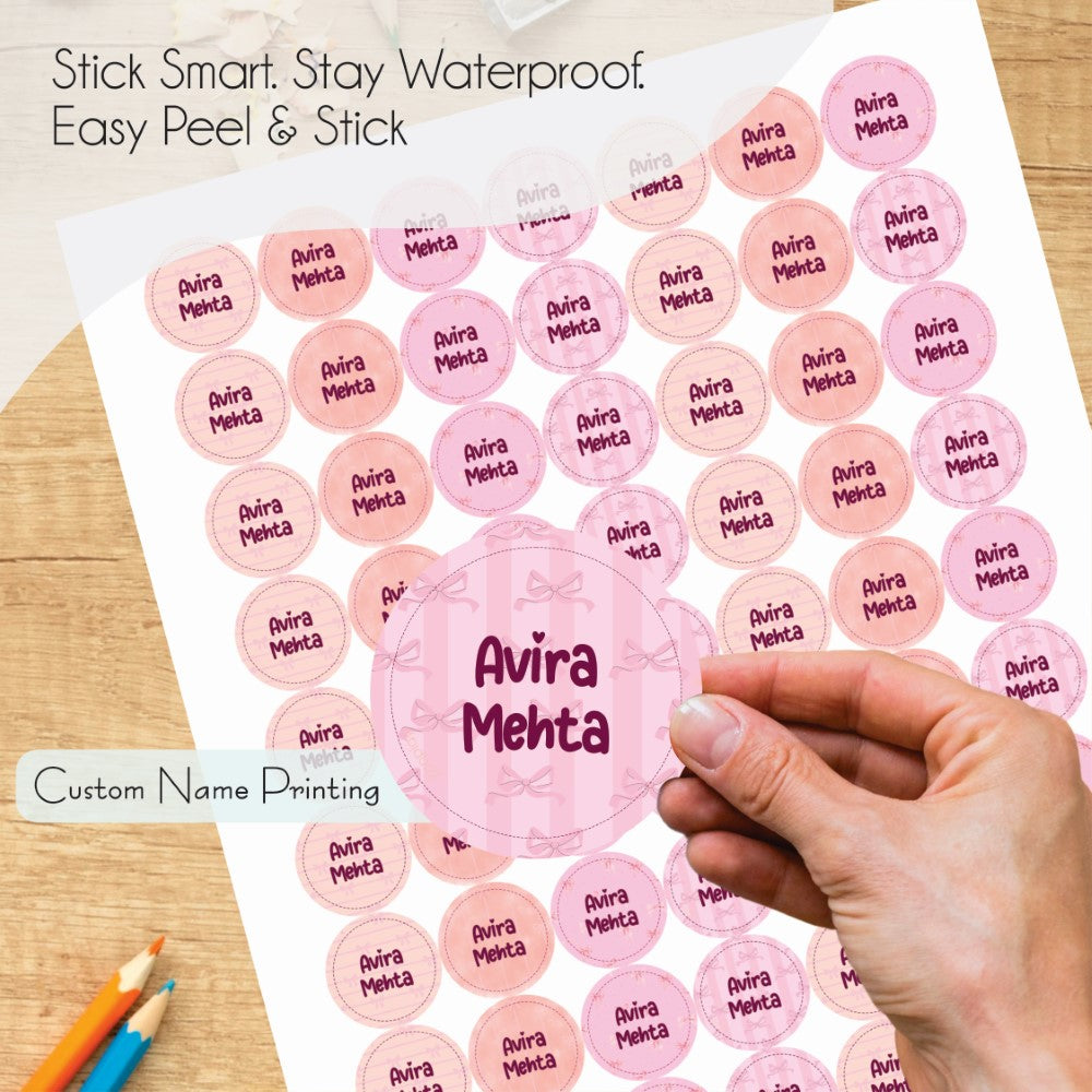 Round waterproof name labels - Bow Sparkle