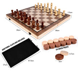 2-in-1 Big Chess & Checkers Set Premium Wooden Board Game for Adults & Kids