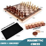 2-in-1 Big Chess & Checkers Set Premium Wooden Board Game for Adults & Kids