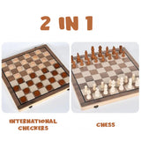 2-in-1 Big Chess & Checkers Set Premium Wooden Board Game for Adults & Kids