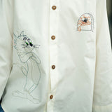 Cat and Mouse Cartoon Embroidered Organic Cotton Shirt - White