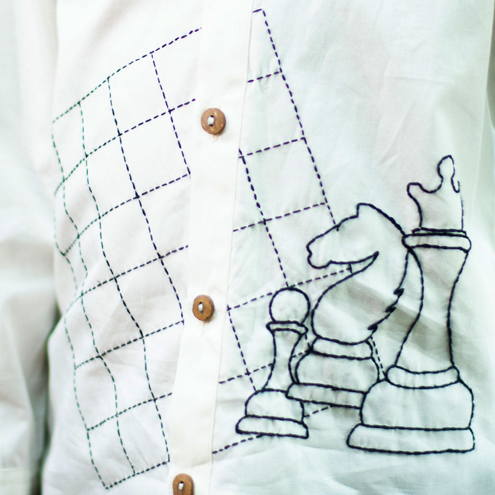 Chess Checkmate Embroidered Organic Cotton Shirt - White