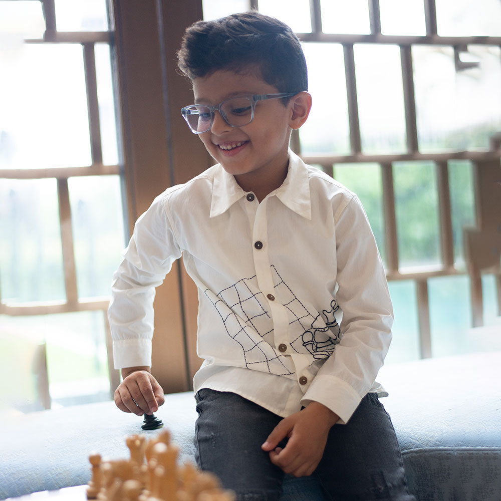 Chess Checkmate Embroidered Organic Cotton Shirt - White