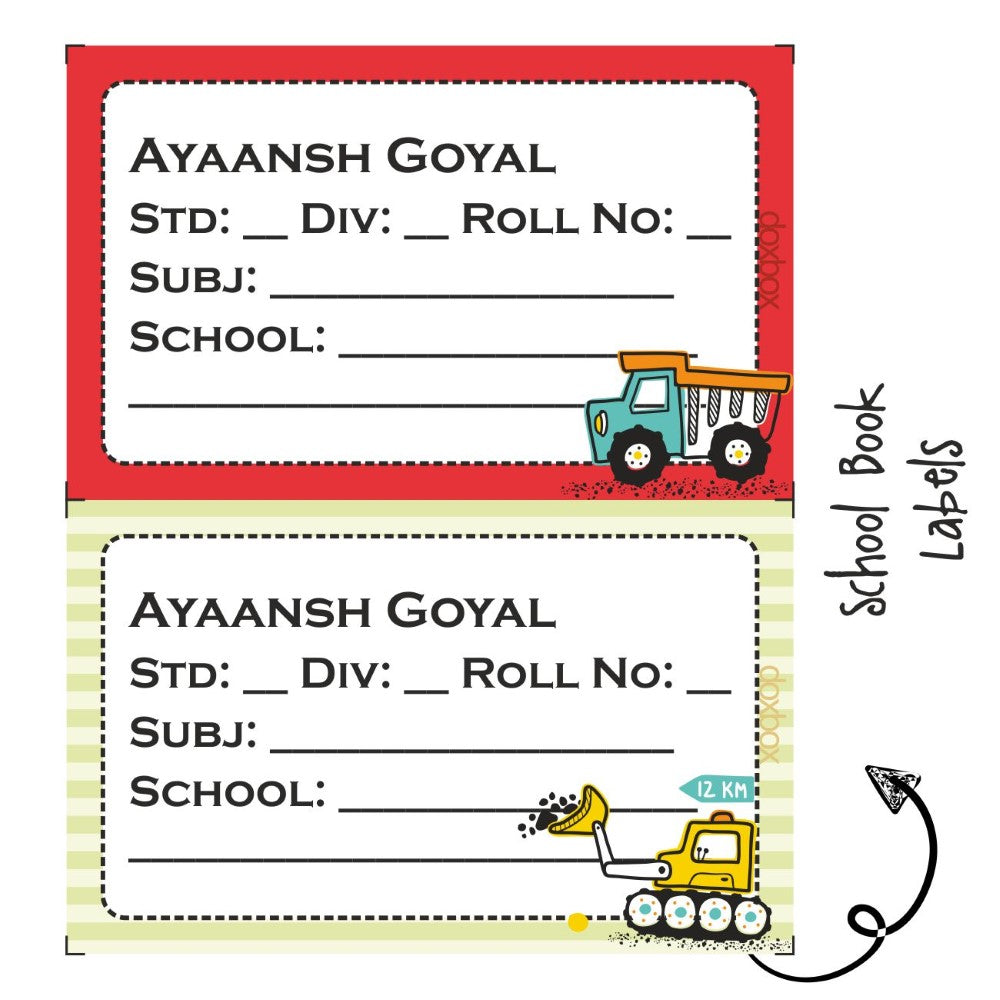 School Book Label - Contruction Vehicles