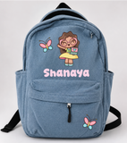 Denim Backpack - Cute girl with laptop