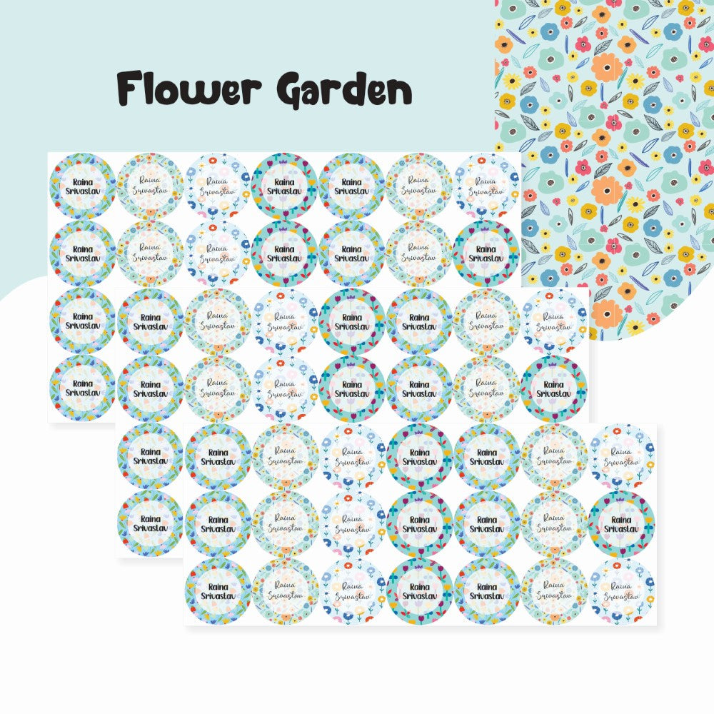 Round waterproof name labels - Flower Garden