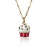 Candyland White Enamel Top & Hot Pink Bottom Cupcake Pendant Chain Necklace 14k gold plated.