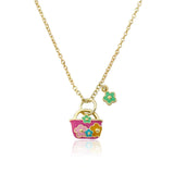Hot Pink Purse Accented with Multi Color Enamel Flowers & Pink Chain Necklace 14k gold plated
