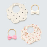 2 Pcs Bow & Bunny Print Petal style muslin Bibs Set with Bow rubber band, Muslin Adjustable Button Closure & Wide Shoulder Size Bibs