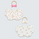 2 Pcs Bow & Bunny Print Petal style muslin Bibs Set with Bow rubber band, Muslin Adjustable Button Closure & Wide Shoulder Size Bibs