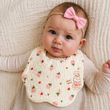 2 Pcs Bow & Bunny Print Petal style muslin Bibs Set with Bow rubber band, Muslin Adjustable Button Closure & Wide Shoulder Size Bibs