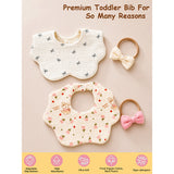 2 Pcs Bow & Bunny Print Petal style muslin Bibs Set with Bow rubber band, Muslin Adjustable Button Closure & Wide Shoulder Size Bibs