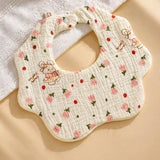2 Pcs Bow & Bunny Print Petal style muslin Bibs Set with Bow rubber band, Muslin Adjustable Button Closure & Wide Shoulder Size Bibs