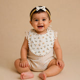 2 Pcs Set Floral Soft Muslin Adjustable Lace Tie-Up Bibs with Matching Bow Hair Tie