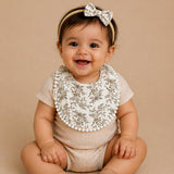 2 Pcs Set Floral Soft Muslin Adjustable Lace Tie-Up Bibs with Matching Bow Hair Tie
