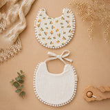 2 Pcs Set Floral Soft Muslin Adjustable Lace Tie-Up Bibs with Matching Bow Hair Tie