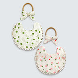 2 pcs set Green Pink soft adjustable Lace Tie up Bibs with matching bow hair tie up