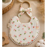 2 pcs set Green Pink soft adjustable Lace Tie up Bibs with matching bow hair tie up