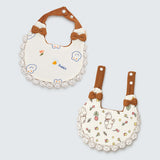 2 Pcs Set Rabbit Print Soft Muslin Adjustable Button Closure Bibs with Matching Bow Hair Tie