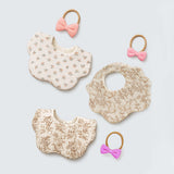 3 Pcs Squirrel & Leaf Print Petal style muslin Bibs Set with Bow rubber band, Muslin Adjustable Button Closure & Wide Shoulder Size Bibs