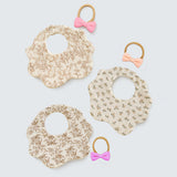 3 Pcs Squirrel & Leaf Print Petal style muslin Bibs Set with Bow rubber band, Muslin Adjustable Button Closure & Wide Shoulder Size Bibs
