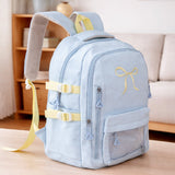 Pastel Blue Bow Multi-Pocket School Backpack for Kids & Teens