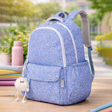 Blue Doodle Print School Backpack with Plush Pom-Pom Keychain for Kids & Teens