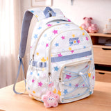 White Multicolor Star Print with Front Bungee Pocket School Backpack with Detachable Plush Star Keychain & Star Pins for Kids