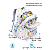 White Multicolor Star Print with Front Bungee Pocket School Backpack with Detachable Plush Star Keychain & Star Pins for Kids