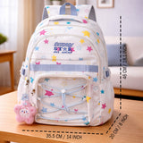 White Multicolor Star Print with Front Bungee Pocket School Backpack with Detachable Plush Star Keychain & Star Pins for Kids