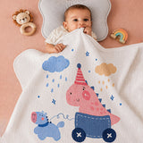 Cute Happy Dino Super Soft Muslin Cotton Blanket for Newborns & Infants with Free Storage Pouch
