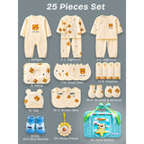 25 pcs Beige Bear Hamper for Newborn Boy/Girl, All Season wear hamper with luxury designed blue storage cane basket 0-12 months