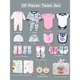 25 pcs, Twin Boy & Girl White cane basket themed Newborn Baby Boy, All Season wear,Gift Hamper set, 0-6 months