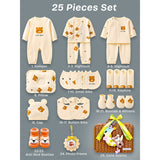 25 pcs Brown Cute Bear Hamper for Newborn Boy/Girl, All Season wear hamper with luxury designed brown storage cane basket 0-12 months