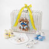 25 pcs, Twin Boys White cane basket themed Newborn Baby Boy, All Season wear, Gift Hamper set, 0-6 months