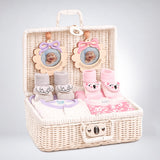 25 pcs, Twin Girls White cane basket themed Newborn Baby Boy, All Season wear, Gift Hamper set, 0-6 months