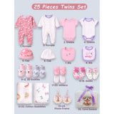 25 pcs, Twin Girls White cane basket themed Newborn Baby Boy, All Season wear, Gift Hamper set, 0-6 months