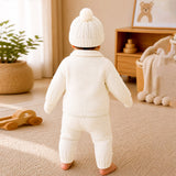 5PCS Green Cat & Ivory Collar,Premium Knitted Winter Head to bottom Clothing Set for Baby