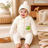 5PCS Green Cat & Ivory Collar,Premium Knitted Winter Head to bottom Clothing Set for Baby
