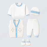 6 pcs Flower Blue & Ivory Premium Knitted Winter Head to bottom Clothing Set for Baby