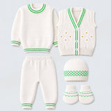6 PCS Flower Green & Ivory  Premium Knitted Winter Head to bottom Clothing Set for Baby