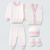 6 PCS Flower Pink & Ivory Premium Knitted Winter Head to bottom Clothing Set for Baby