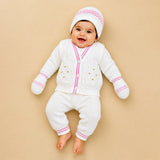 6 PCS Flower Pink & Ivory Premium Knitted Winter Head to bottom Clothing Set for Baby